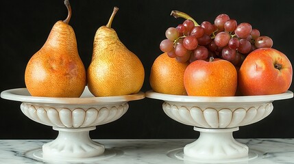 Wall Mural -   Two white bowls brimming with fruit on a white marble countertop, adorned with pomegranates and pears
