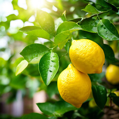 Sticker - Ripe lemons hanging from a branch of a lemon tree. The lemons are bright yellow and have a glossy, textured rind.  Some leaves are visible in the background, and there is sunlight shining.