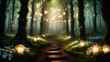 © Farhan - Create an enchanted forest path lined with glowing flowers and heart-shaped lights. Add a subtle mist to the scene, with beams of soft light filtering through the trees, enhancing the magical and roma