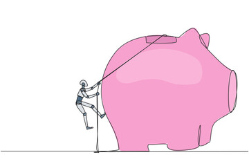 Wall Mural - Single continuous line drawing smart robot climbing piggy bank with the rope. Entrepreneur working hard to make investments preparing for retirement. Smart worker. One line design vector illustration
