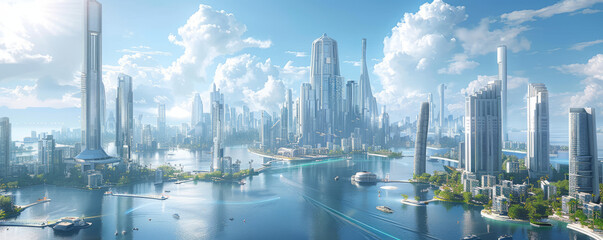 A futuristic city with towering skyscrapers.