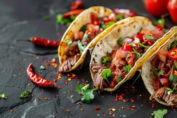 Wall Mural - Spicy Carne Asada Tacos with Chili Flakes on Dark Slate  