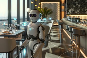 Poster - A sleek, modern restaurant interior with an AI-powered robot serving customers at a table. The robots presence enhances the service quality and customer experience. Generative AI