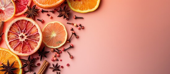 Poster - spices for mulled wine pastel background  Food  Isolated. Copy space image. Place for adding text and design