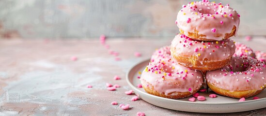 Wall Mural - Stack of pink doughnuts on the plate. Valentine's Day concept. Copy space image. Place for adding text or design
