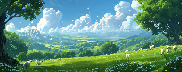 Wall Mural - A tranquil countryside scene with sheep grazing in a lush green field.
