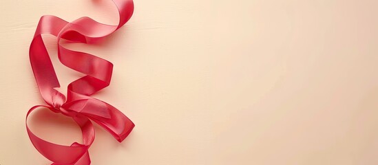 Wall Mural - Beautiful red ribbon isolated on pastel background, top view. Copy space image. Place for adding text and design