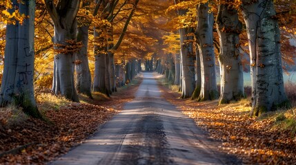 Canvas Print - Scenic Autumn Country Road Lined with Colorful Foliage Covered Trees in Warm Tones