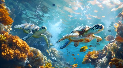 Wall Mural - Playful Sea Turtles Exploring the Vibrant Underwater Coral Reef Ecosystem