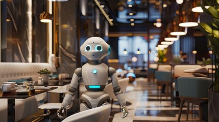Poster - A modern restaurant features an AI-powered robot interacting with customers, enhancing service quality and providing a seamless dining experience. Generative AI