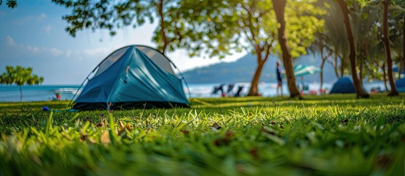 Selective focused on Lawn or green grass ground of camping ground near the sea beach. with camping tent in the background. Copy space image. Place for adding text and design