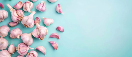 Wall Mural - Garlic Isolated on pastel background  Food  Concept. Copy space image. Place for adding text and design