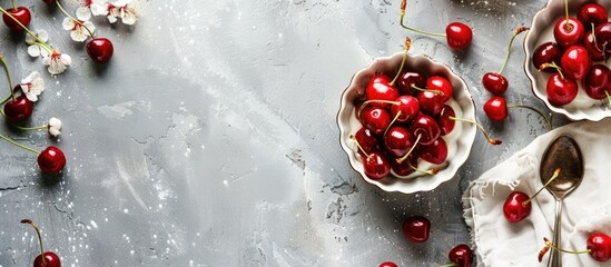 Wall Mural - Cherries in mini baking pans with a spoon and a white napkin, on a grey backdrop. pastel background. Copy space image. Place for adding text and design