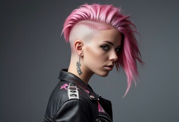 portrait of a girl in a punk outfit with pink hair shaved on the side, isolated dark background,

