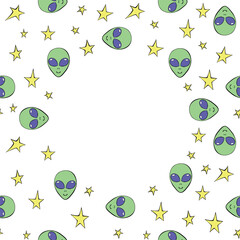 Wall Mural - Vector frame, border from Aliens green heads, stars in doodle flat style. Bright background, decoration on theme of space, UFO, fantastic, kids design