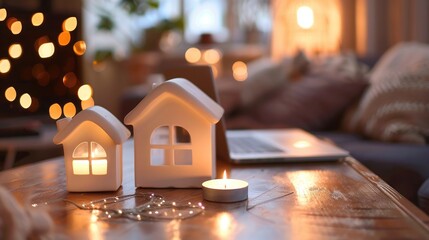 Candle holders in house shape and laptop on living room table