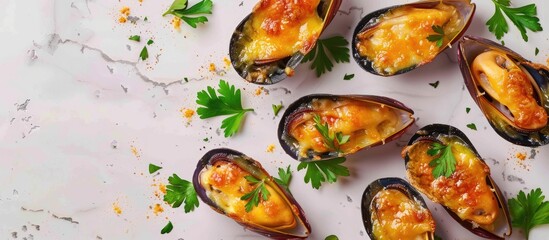 Wall Mural - fresh mussel baked with cheese pastel background food. copy space image. place for adding text and d