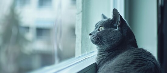 Canvas Print - Gray cat on the window. Copy space image. Place for adding text and design