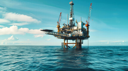 Wall Mural - A large oil and gas platform stands alone in the vast expanse of the ocean, its silhouette cutting a sharp line against the blue sky
