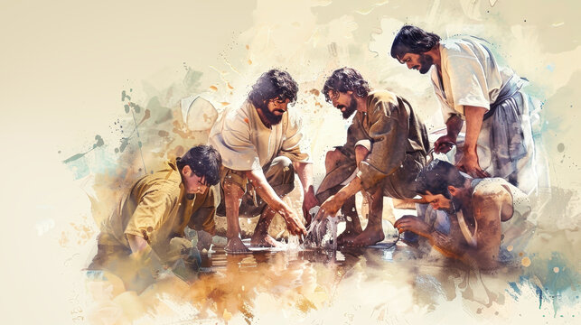 A painting depicting the biblical scene of Jesus washing the feet of his disciples. The image showcases Jesus humility and love for his followers