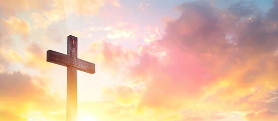 Wall Mural - Christian cross on sunset sky. Religion background. Copy space image. Place for adding text or design