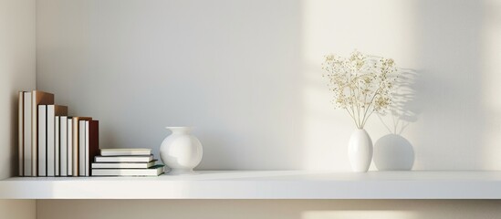 Sticker - Shelf unit with books and decor near light wall. Copy space image. Place for adding text and design