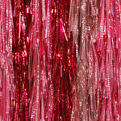 Closeup seamless pattern tile pastel tinsel shiny metallic foil fringe party garland glitter curtain red pink hanging wall decor texture background repeat lovely pretty lux bold color streamer event