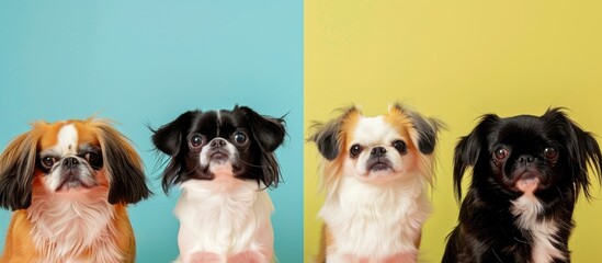 Canvas Print - Four Japanese Chin dogs, portrait sits on isolated pastel background, Looking at the camera. Copy space image. Place for adding text and design