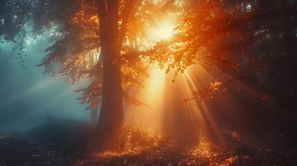 Canvas Print - Enchanting Autumn Sunrise Illuminating Misty Forest Landscape