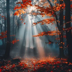 Wall Mural - Mystical Autumn Forest with Sunlight Rays Breaking Through the Mist