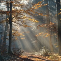 Wall Mural - Mystical Autumn Sunbeams Illuminating Misty Forest Landscape