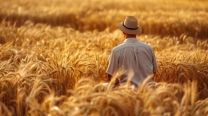 A farmer inspects his wheat crops while crouching in the field.