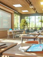 Fototapete - A contemporary classroom featuring interactive panels and AI assistants to enhance the learning experience. Generative AI