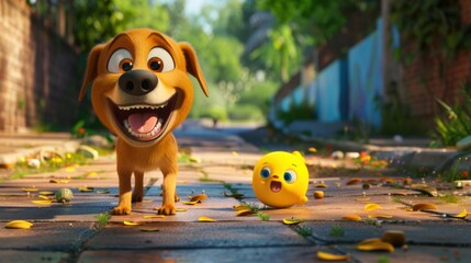 Animated dog walking with smiley toy on a sunny day. Digital art. Fun and adventurous pet concept.