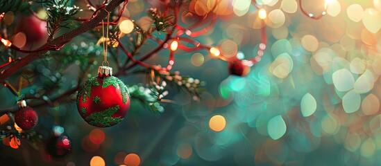 Wall Mural - Closeup of red and green bauble hanging from a decorated Christmas branch. abstract background with defocused lights. Copy space image. Place for adding text and design