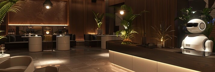 Poster - A sleek, modern hotel lobby features an AI-powered robot interacting with customers, enhancing service quality. Generative AI
