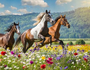 Poster - Springende Pferde auf einer Blumenwiese