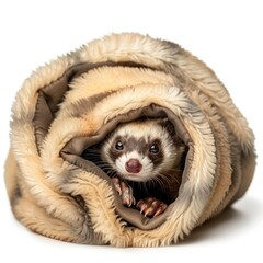 Wall Mural - Cozy Ferret Snuggled in Blanket on White Background