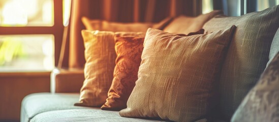 Poster - Beautiful pillow on luxury sofa decoration in living room interior - Vintage Light Filter. Copy space image. Place for adding text and design