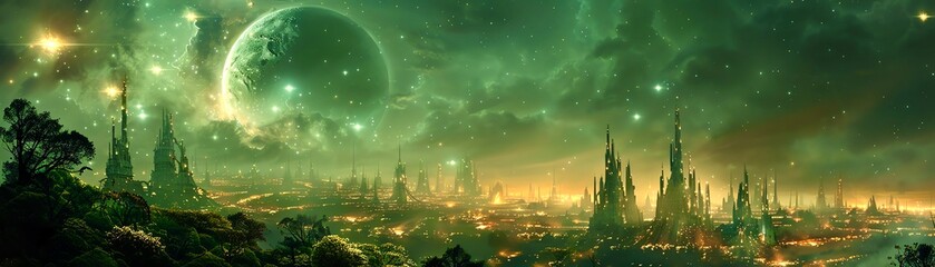 Alien Cityscape A city on an alien planet with bioluminescent plants and unusual architecture