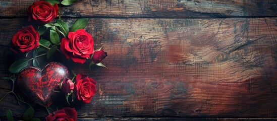 Wall Mural - Valentines Day background with heart and roses. Vintage style. Copy space image. Place for adding text or design