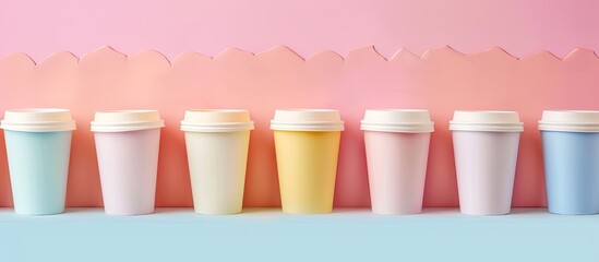 Wall Mural - Lot of disposable coffee cups pastel background  Food. Copy space image. Place for adding text and design