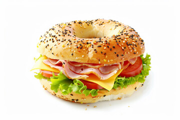 Wall Mural - Fresh tasty bagel ham and cheese sandwich with salad and tomato on white background.AI Generative.