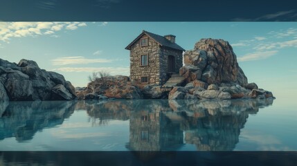 A rustic stone house standing proudly between two imposing rocks, its reflection casting a serene and picturesque scene on the still waters below