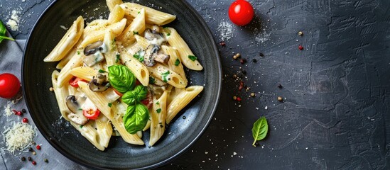 Wall Mural - penne pasta carbonara cream sauce with mushroom - Italian food style. Copy space image. Place for adding text and design