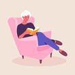 © moremar - An elderly woman sits in an armchair and reads the book. Leisure of the house. Vector flat illustration