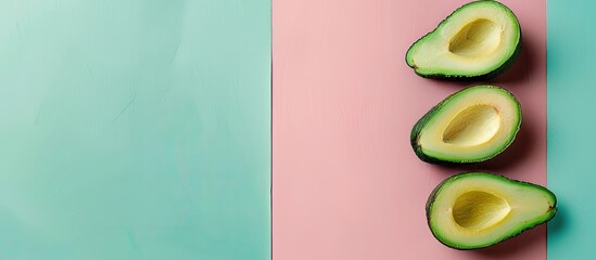 Poster - Slice of fresh green avocado isolated on a pastel background. Copy space image. Place for adding text and design