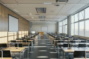 Poster - A contemporary classroom with rows of desks and chairs, interactive panels, and natural light streaming in from large windows. Generative AI