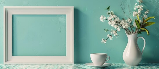 Poster - Photo frame and white coffee cup, vase on mosaic tile table. mint wall background. home interior. Copy space image. Place for adding text and design