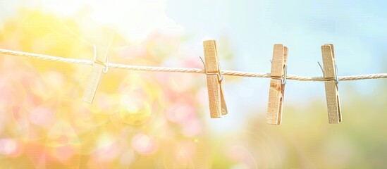 Clothespins on a clothesline in summer. Dry clothes outside. Clothes on rope. pastel background. Copy space image. Place for adding text and design